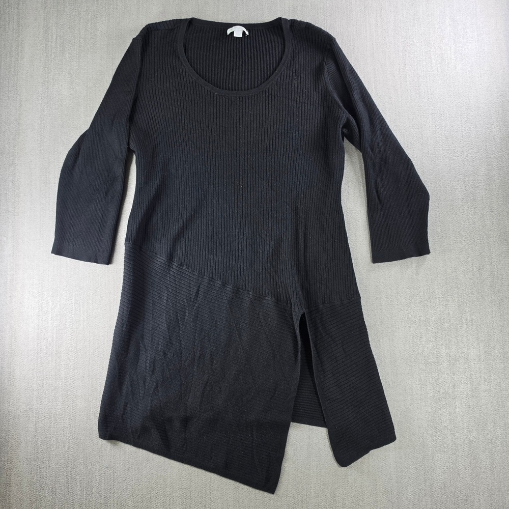 New York & Company Tunic Sweater Women XXL Black Ribbed Asymmetrical Hem Slit